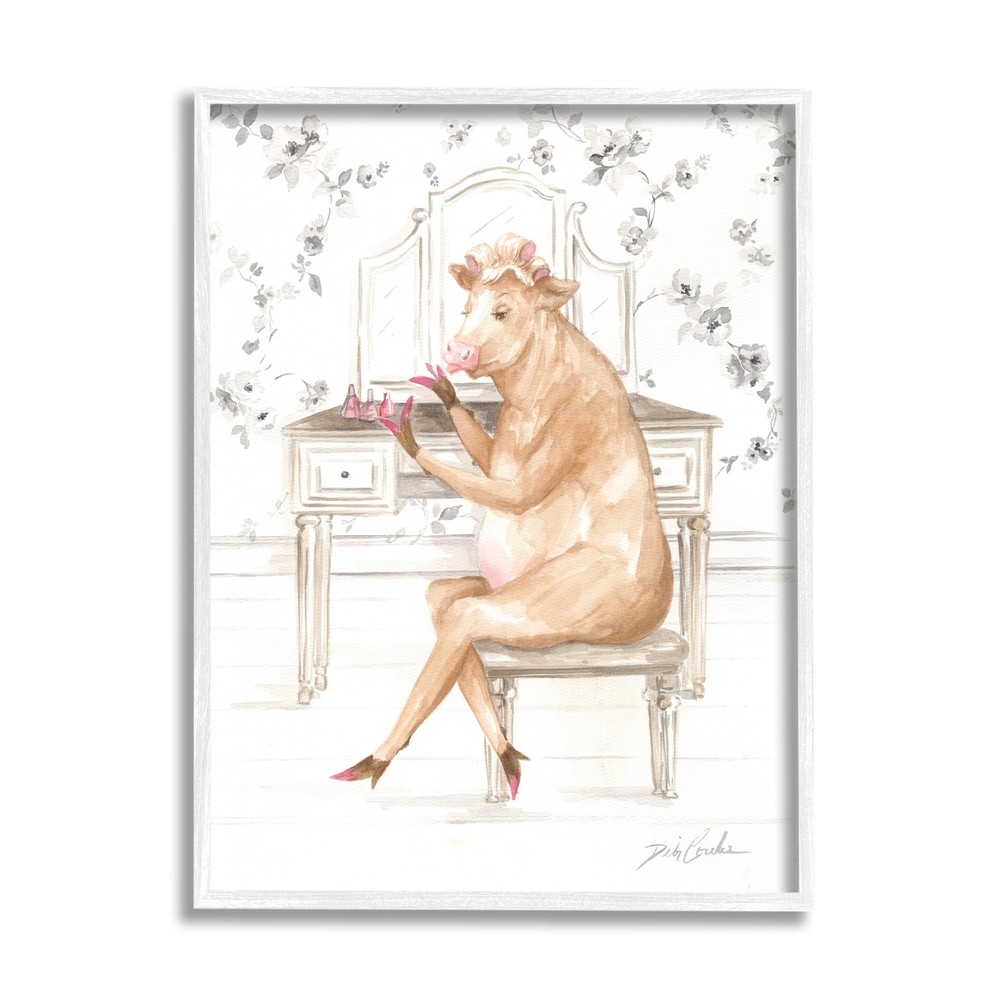 Glam Cow at Vanity White Framed Giclee Art Design by Debi Coules