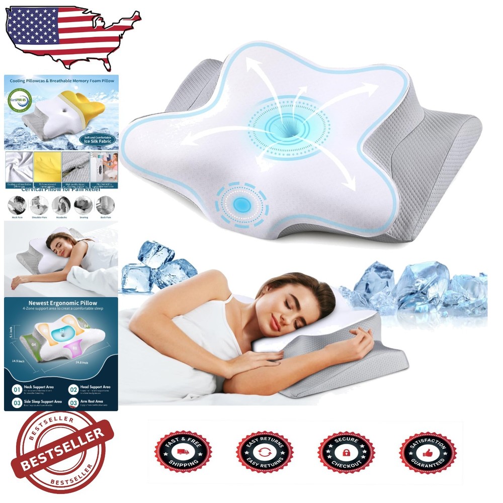 Breathable Orthopedic Memory Foam Neck Pillow for Side and Back Sleepers