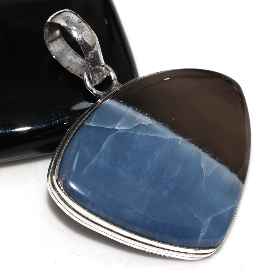 925 Silver Plated Owhyee Blue Opal Ethnic Pendant Jewelry Size 1.5