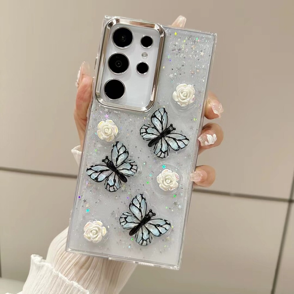Bling 3D Drip Glue Butterfly Flower Pattern Back Case Cover For iPhone & Samsung