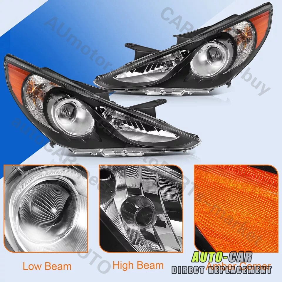 Pair Headlights Assembly Fits 2011-2014 Hyundai Sonata Black Projector Headlamps