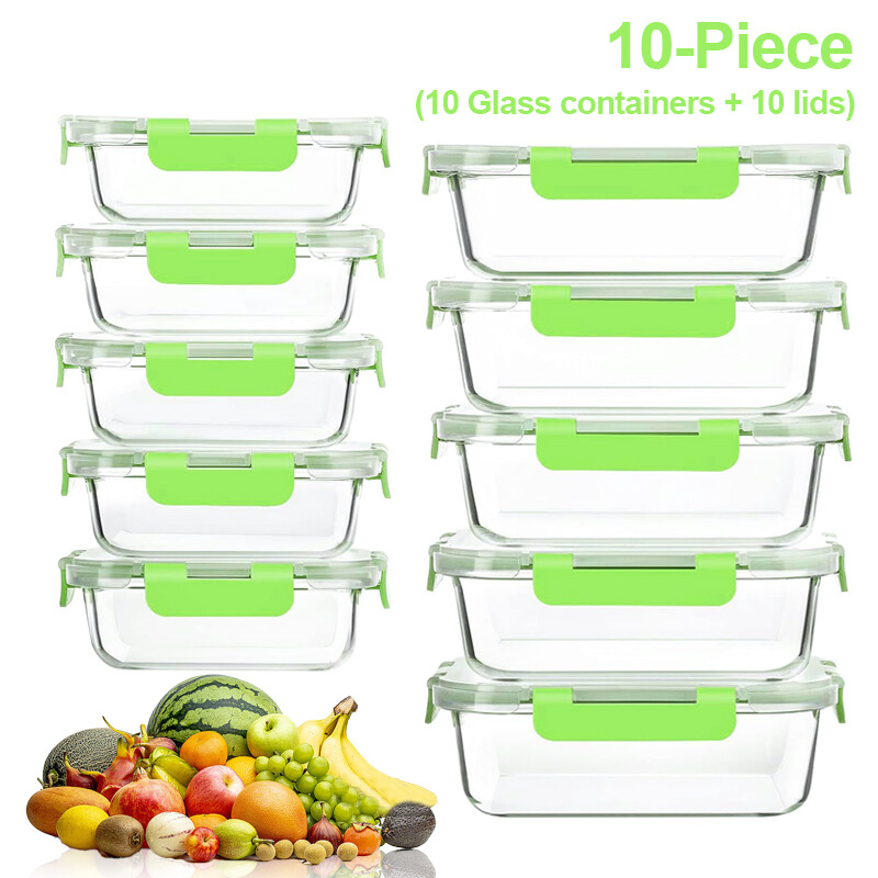 Eco-Friendly Airtight Green Glass Food Storage Containers Microwave Safe 20-Piece Set