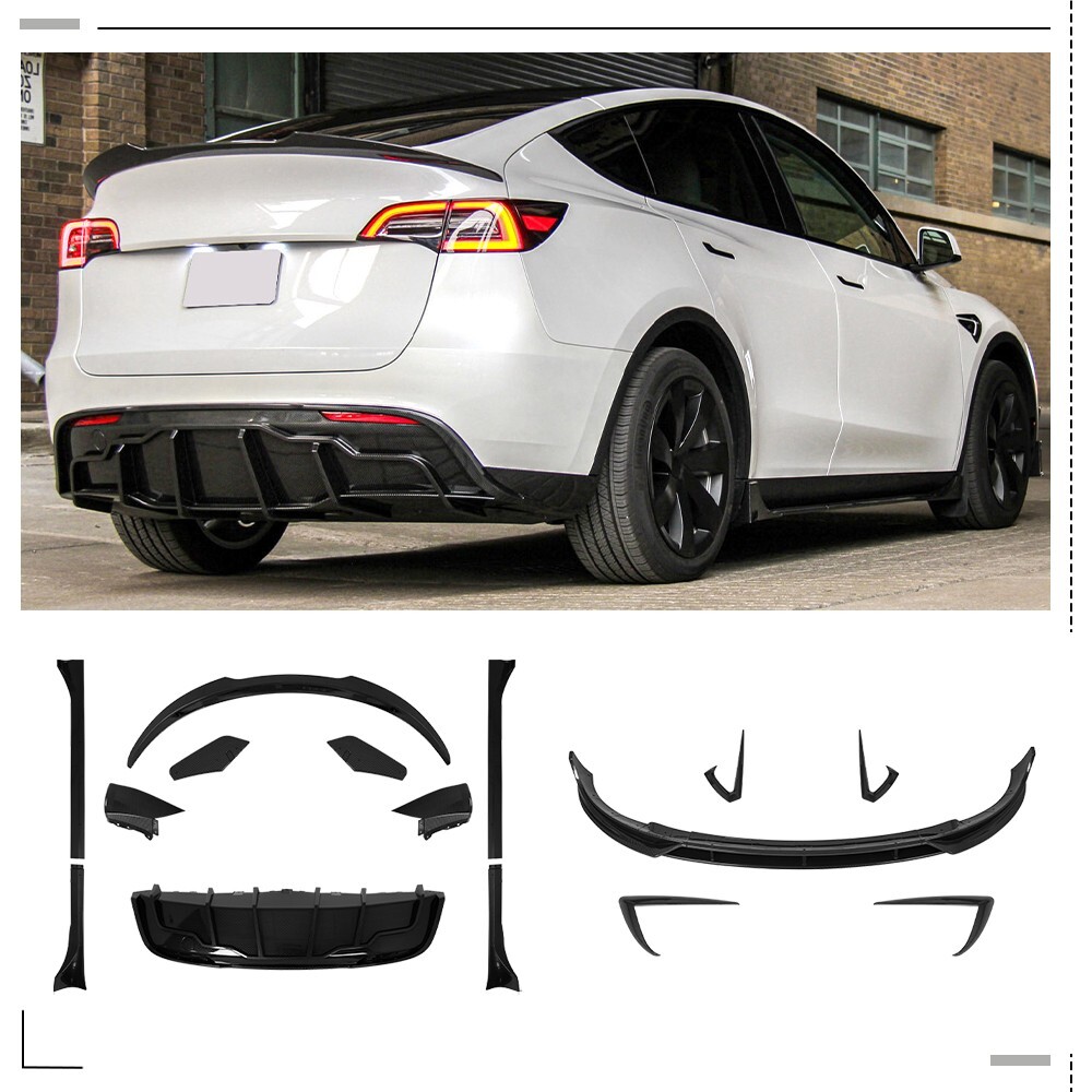For 20-24 Tesla Model Y Fast Aerokit Carbon w/ Diffuser +Spoiler Lip+Side Skirts