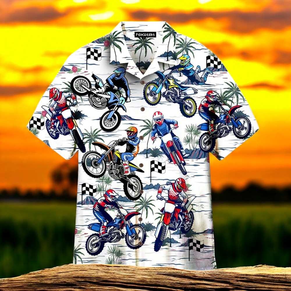 Motocross Dirt Bike Coconut Palm Tree White Hawaiian Shirt