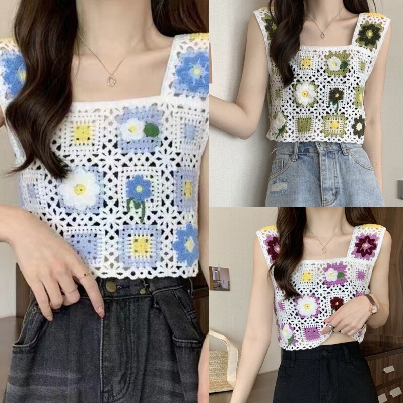 Womens Casual Sleeveless Vest Square Neck Summer Floral Hollow Knit Tops