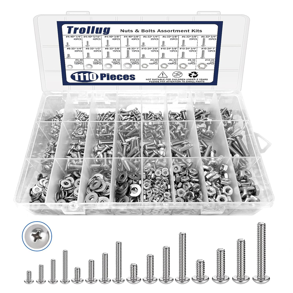 1110 PCS Nuts Bolts Assortment Kit Stainless Steel Hardware Assortment Kit 10-24