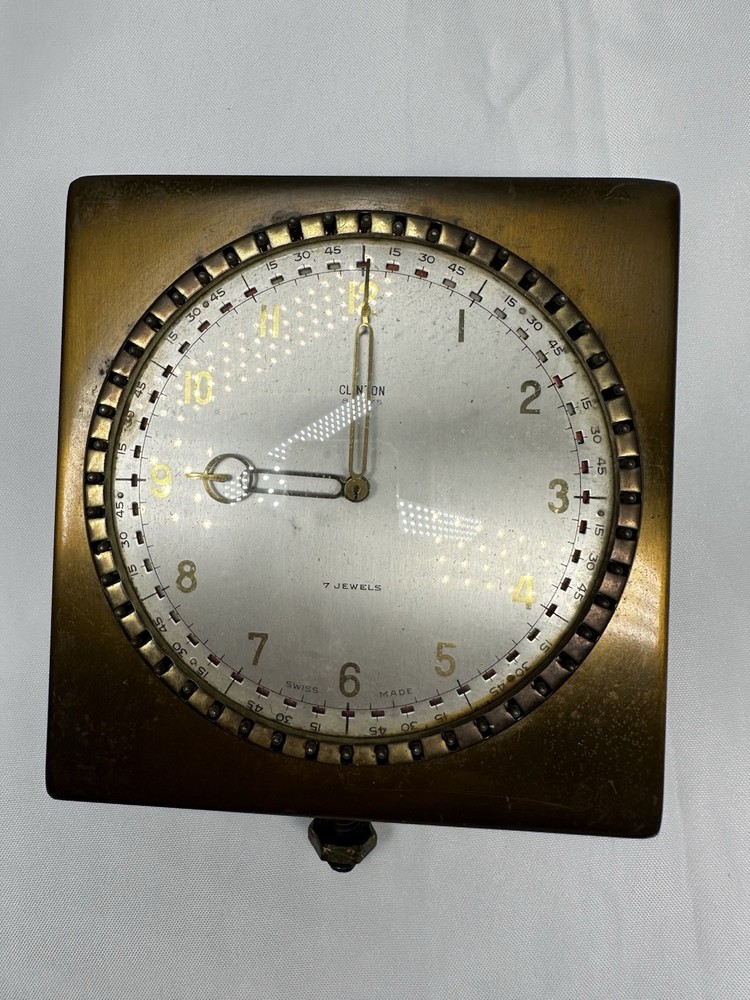 VTG Swiss Made Clinton 7 Jewel Brass Alarm Table Clock Non-Working