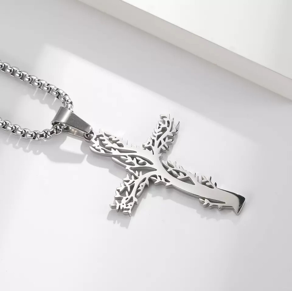 Tree of Life Cross Pendant Stainless Steel Silver Necklace, Great Gift Too!