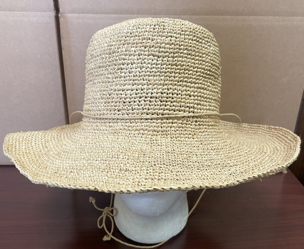Sans Arcidet Womens Beige Straw Sun Hat Wide Brim 57cm Summer Beach Raffia
