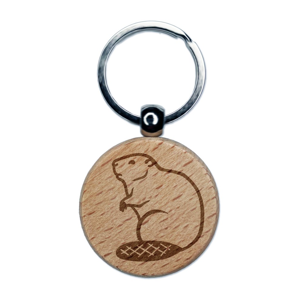 Beaver Sitting Engraved Wood Round Keychain Tag Charm