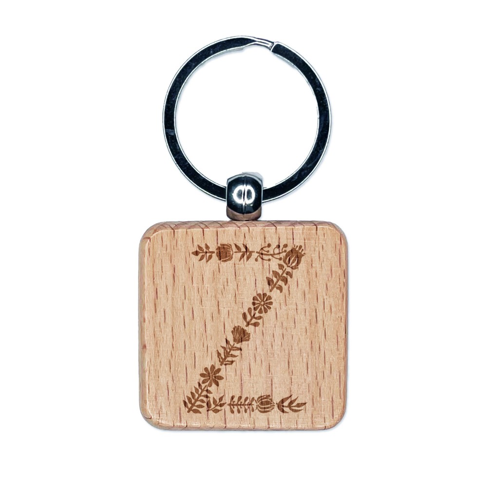 Elegant Botanical Floral Letter Z Engraved Wood Square Keychain Tag Charm