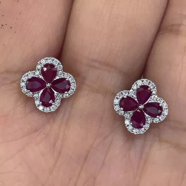 2Ct Pear-Shape Simulated Red Ruby Floral Stud Earrings in 14K White Gold Plating