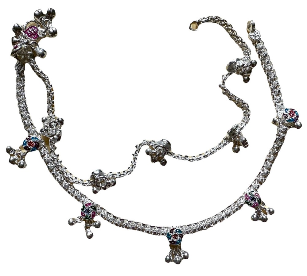 Sterling silver payal red green meena crystal bell anklet Bollywood style-image