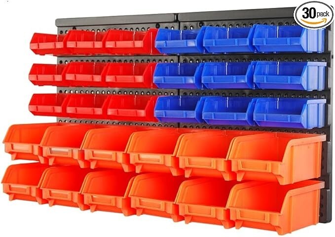 Wall Mounted 30-Bin Plastic Tool Organizer for Garage Storage