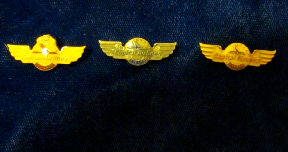 Capital Airlines,  3 VINTAGE employee service award pins, nearly 5 grams of 10K!