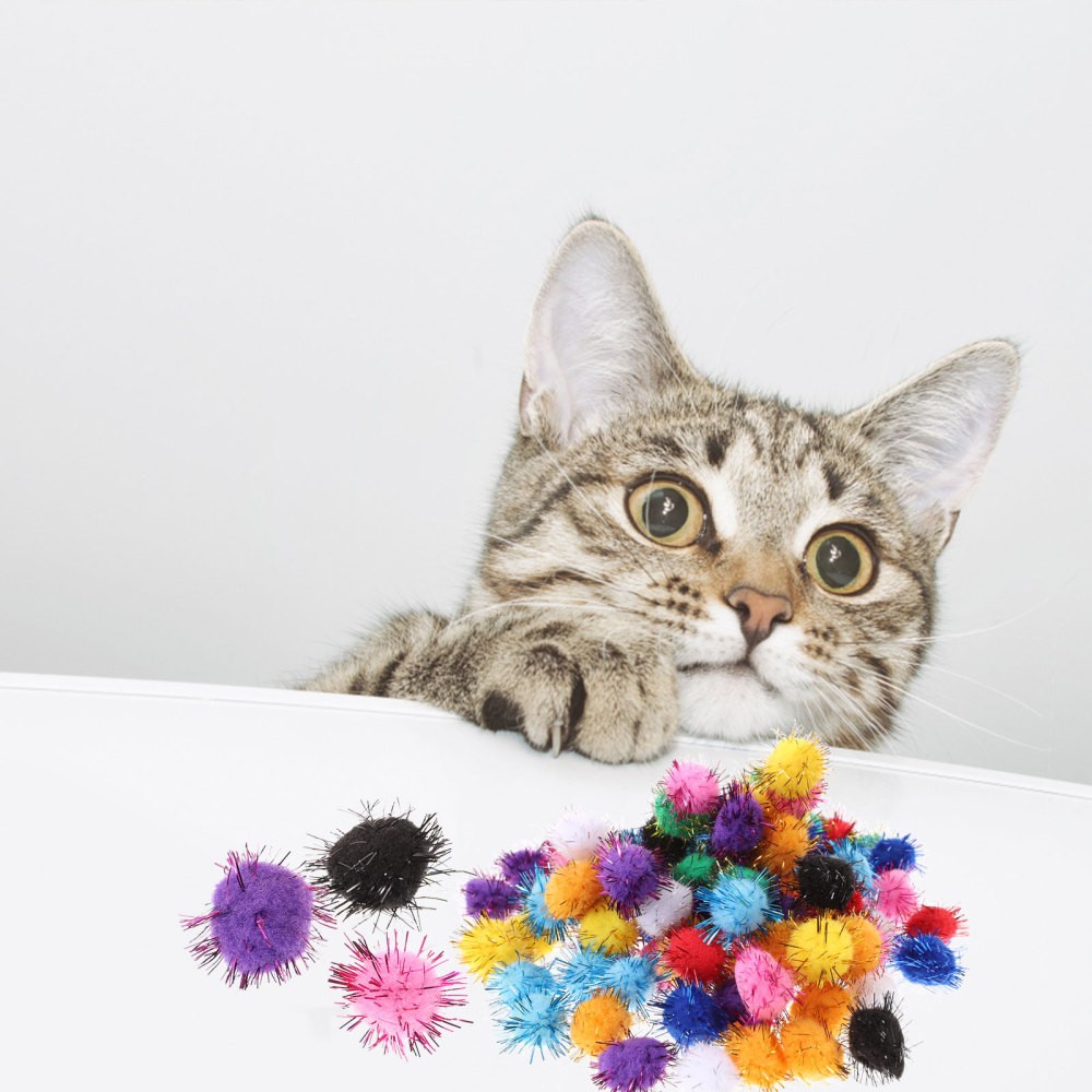 100 Pcs Assorted Glitter Fuzzy Pom Poms Soft Plush Balls Cat Toys