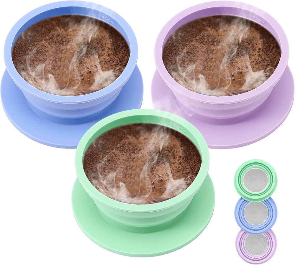 3-Pack Collapsible Pour Over Coffee Maker for Camping & Travel - Reusable & Portable  