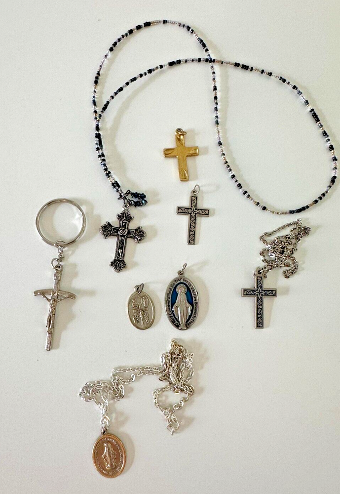 Religious Cross Necklace Charms Medals Catholic Beaded 8 Pc Set Lot