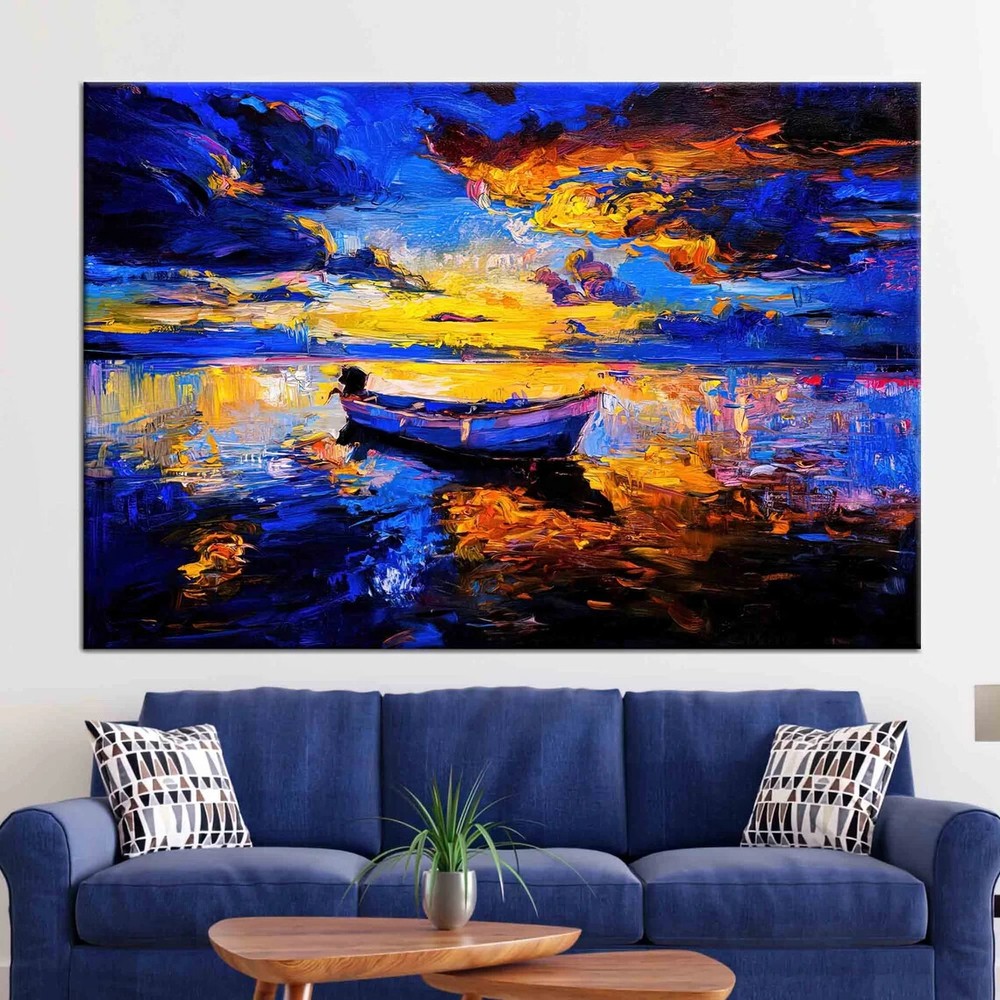 Abstract Sea Painting, View Blue Boat Unframed Canvas Print Australian Wall Art