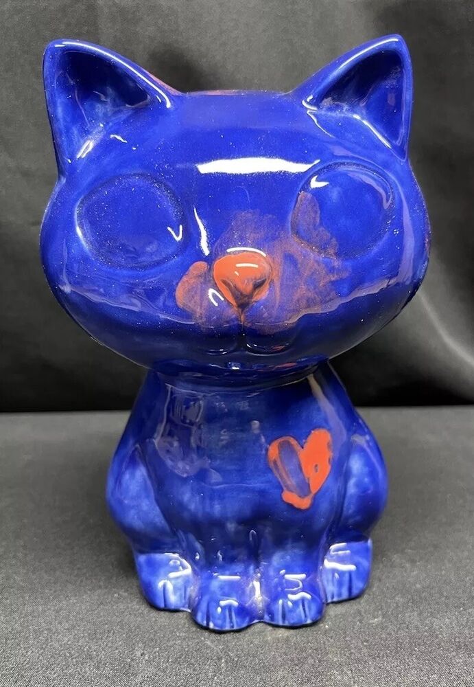 Unmarked Ceramic Blue Cat Figurine Bank With Rubber Stopper Pre Owned