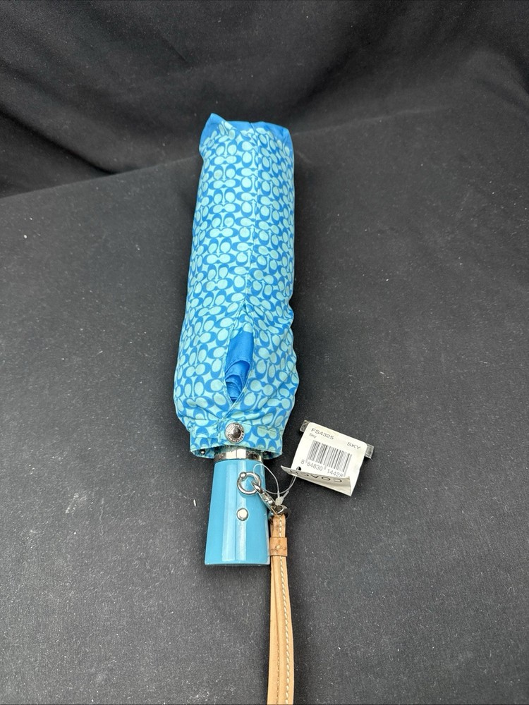 Coach UV Protection Mini Signature Umbrella FS4325 Leather Strap Blue  - NWT