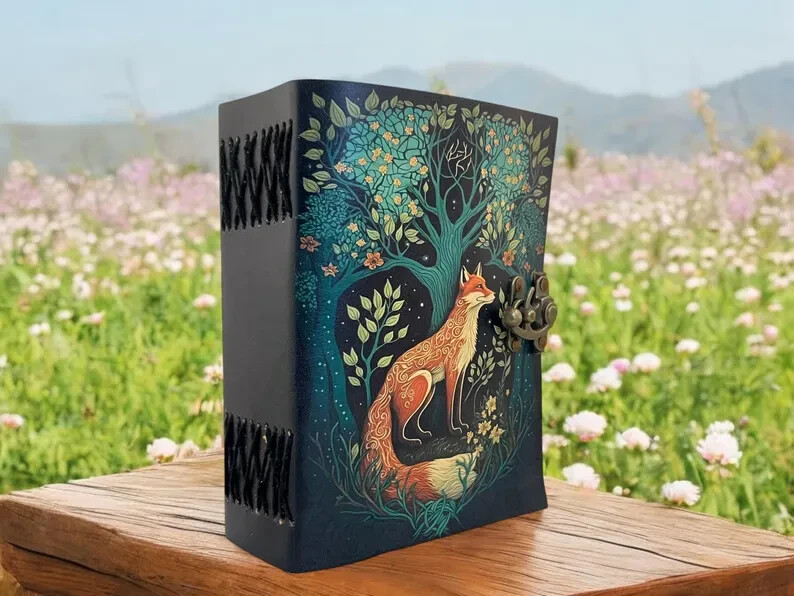 Grimoire Fox Leather Journal 400 Page Blank Spell Book of Shadows Fat Notebook  