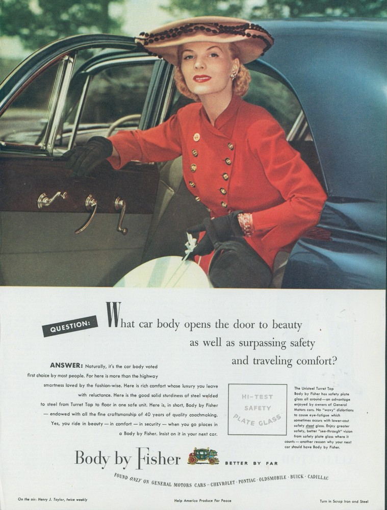 1948 General Motors Body By Fisher GM Woman Red Suit Hat Vintage Print Ad C1