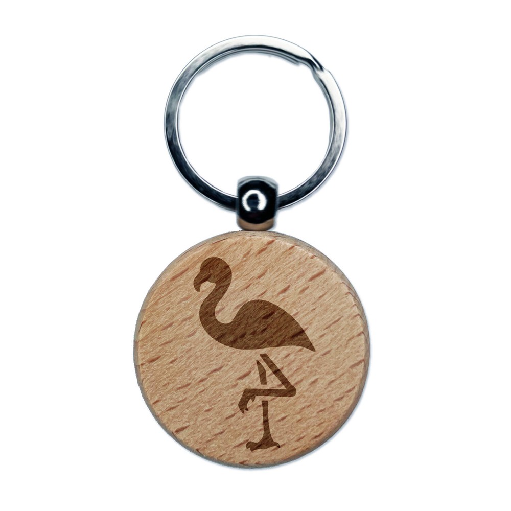 Standing Flamingo Engraved Wood Round Keychain Tag Charm