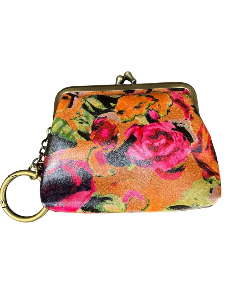 Patricia Nash Purse Kiss Lock Coin Clutch Key Chain Floral Italian Leather