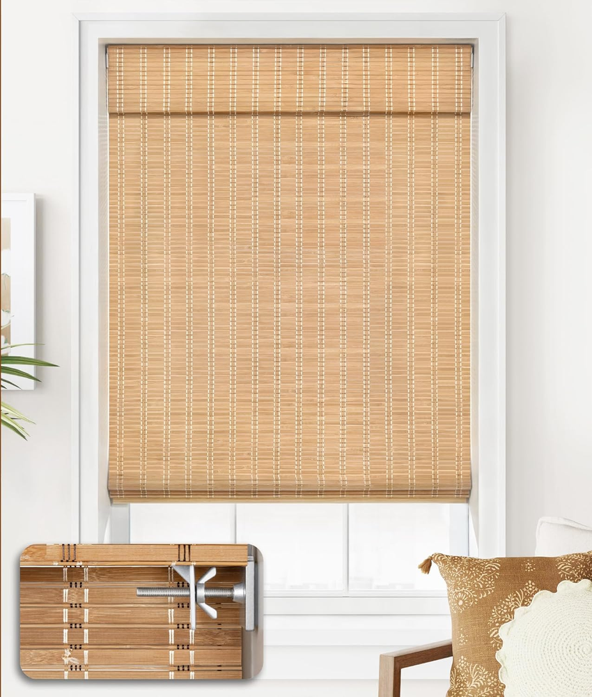 Cordless Bamboo Roman Shades – No Tools No Drill Light Filtering Window Treatment