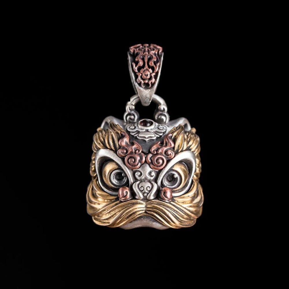 Oxidized Silver Dancing Lion Pendant. Lucky Amulet Charm Necklace.