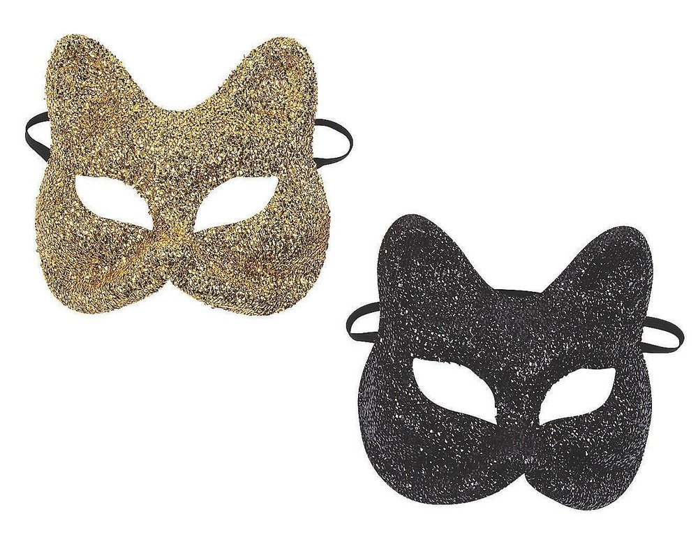 Glittery Black & Gold Cat Face & Ears Adult Mardi Gras Masks Elastic Band  #147
