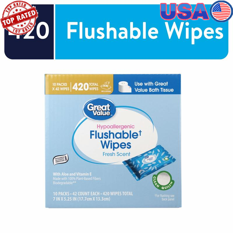 Fresh Scent Flushable Wipes 420 Count Resealable Hypoallergenic Aloe Vitamin E