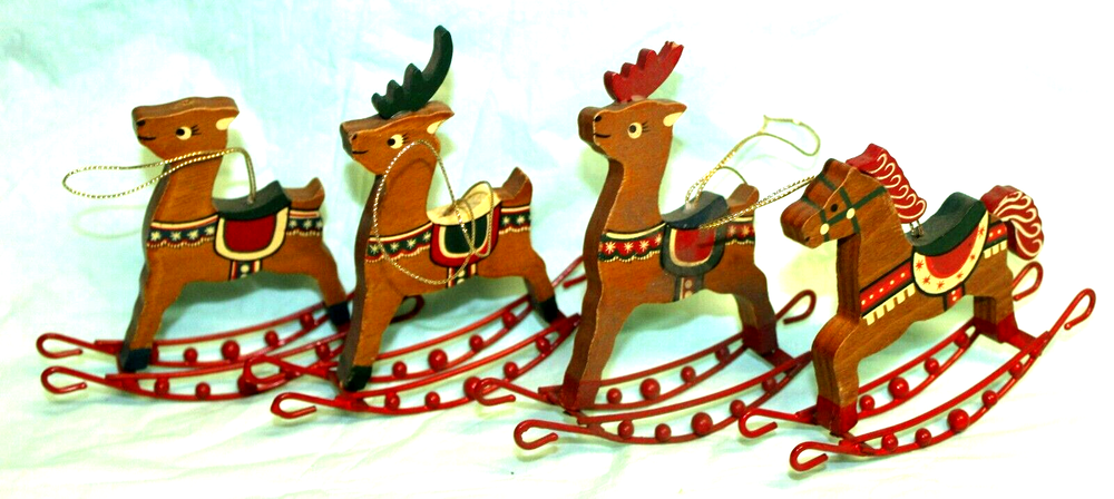 VINTAGE LOT WOODEN HANDPAINTED ROCKING HORSE & 3 REINDEER ORNAMENTS 4 1/2