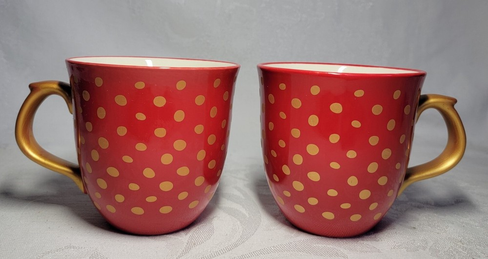 Pioneer Woman Red Gold Polka Dot Coffee Mugs Set of 2
