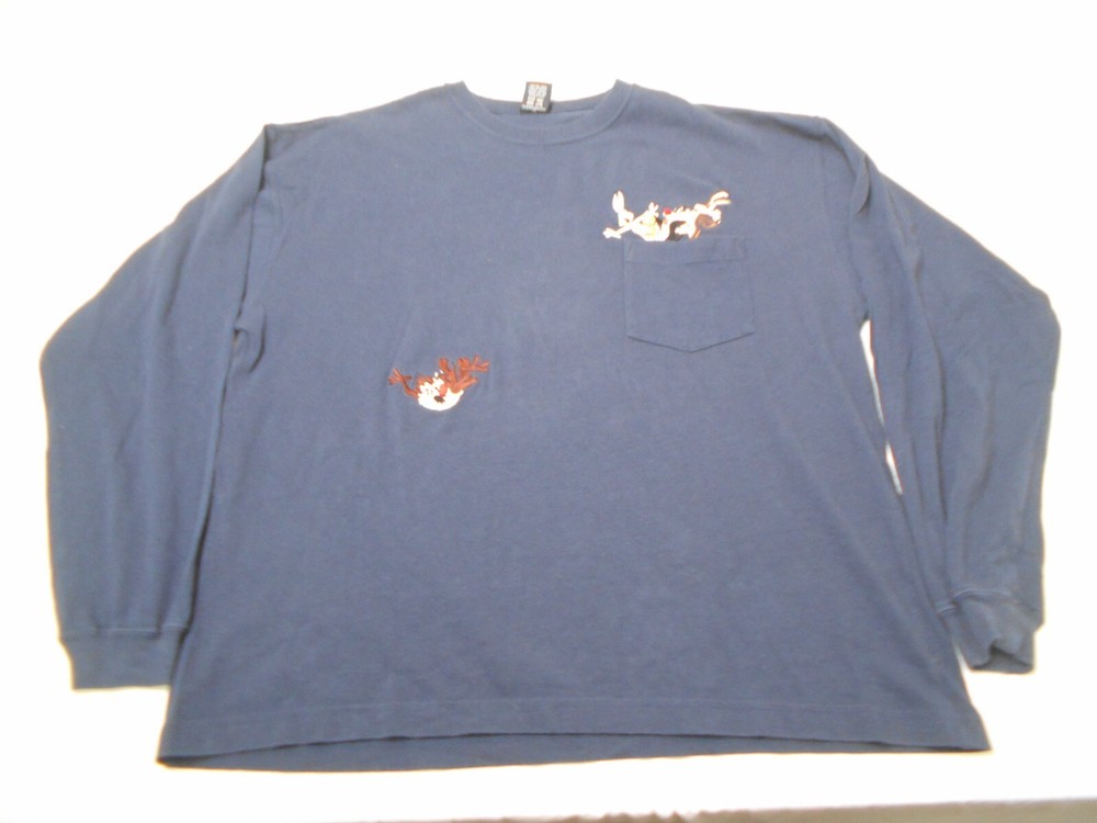 Vintage Y2K Warner Bros Blue Embroidered Taz Bugs Bunny Pocket Tee XL