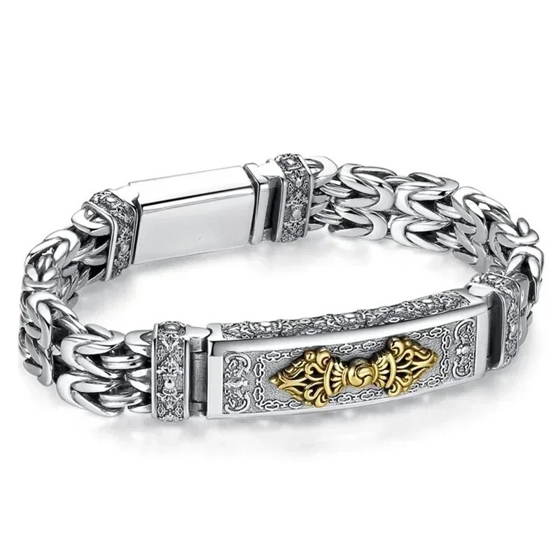 S925 60.5g Silver Men Retro Cross Watch Chain Bracelet