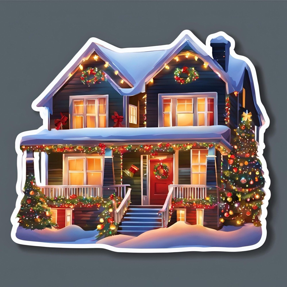 3x2.6” Festive Christmas House Sticker On Sale Now
