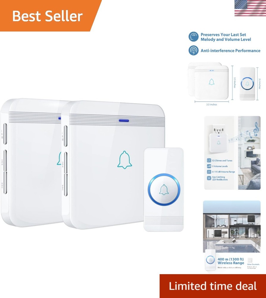 Wireless Waterproof Doorbell with 1300 Ft Range and 52 Melodies