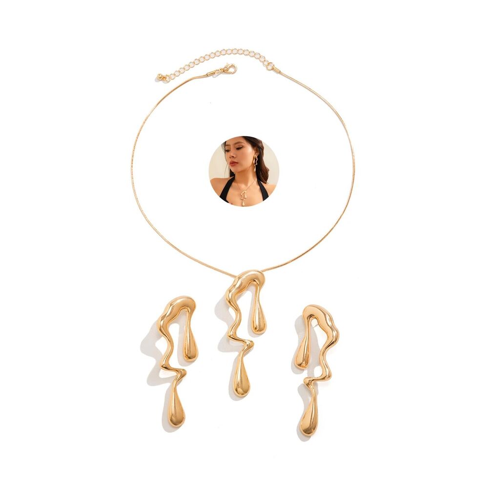 Irregular Gold Statement Earring Necklace Set for Women Chunky Teardrop Dangl...