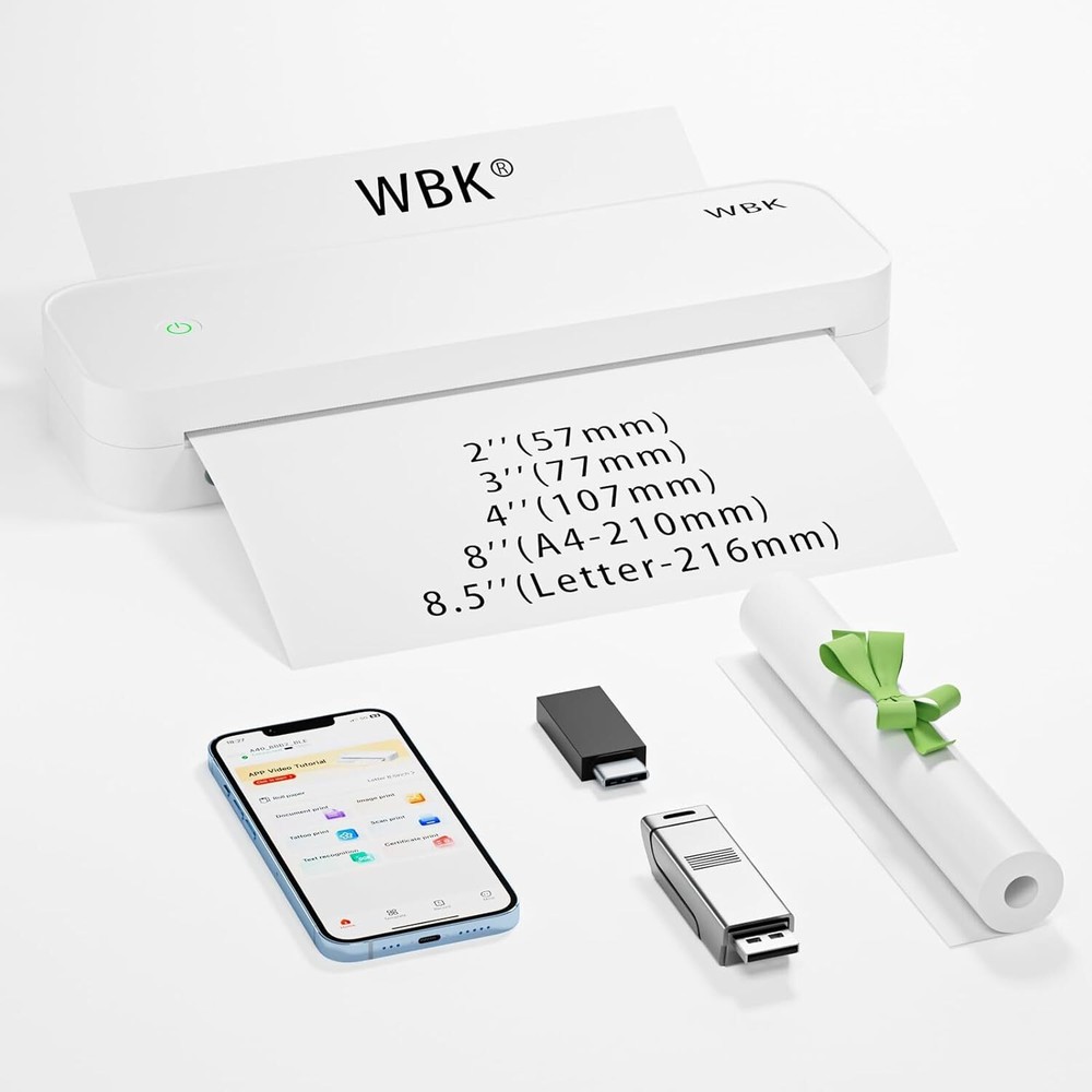 Wireless Inkless Portable Travel Printer Compact Size Supports 8 Paper Types