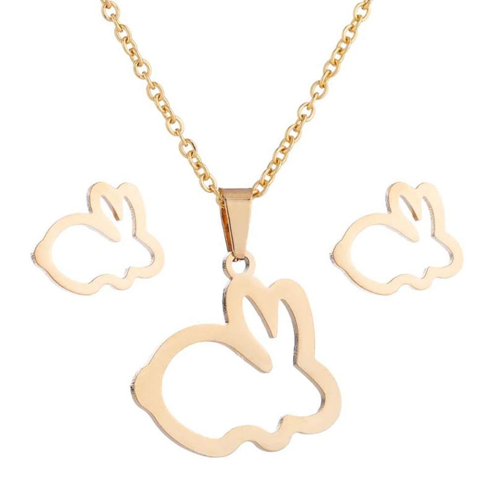 Chic Hollow Bunny Rabbit Stud Earrings and Necklace Set for Women Birthday Gifts