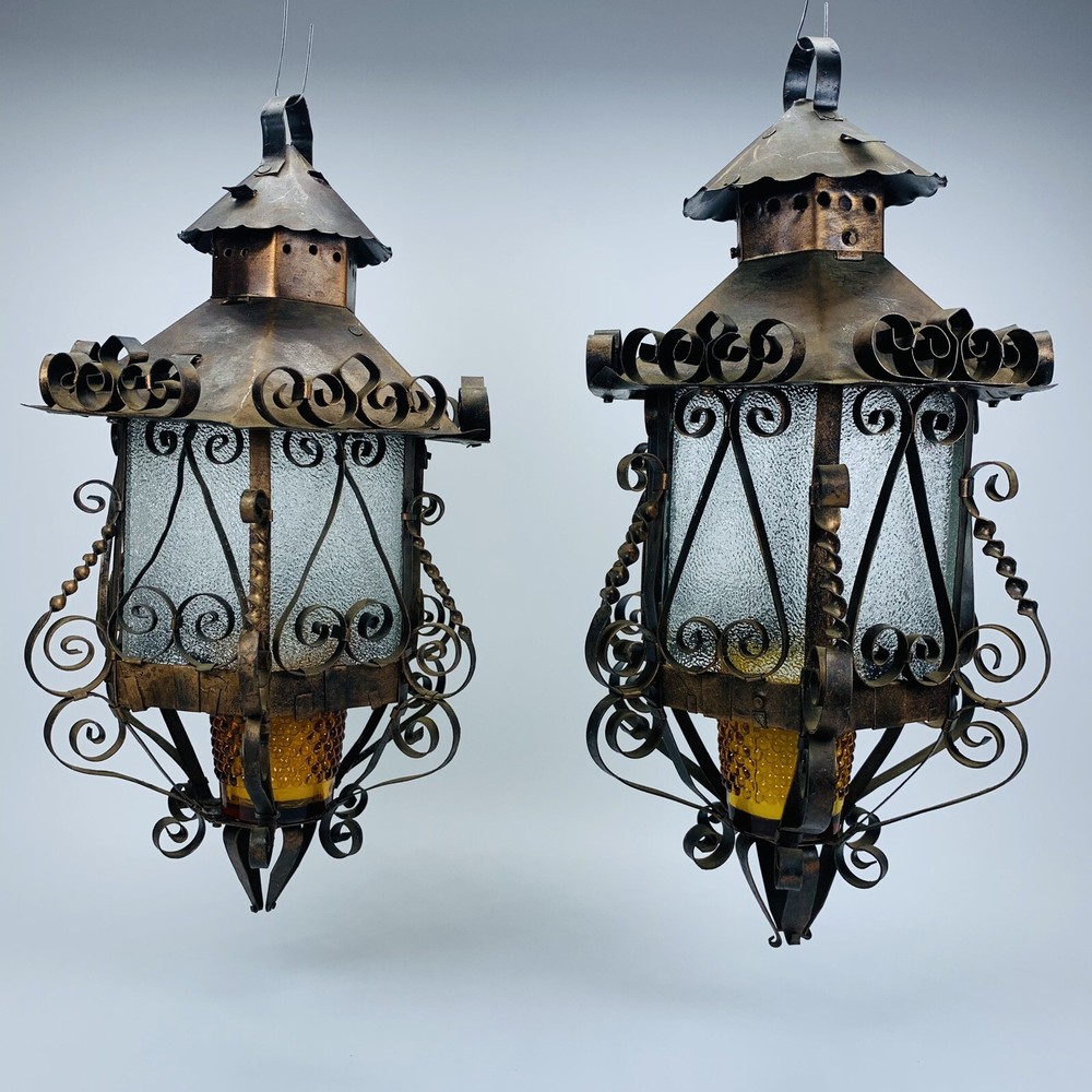 Vintage pair Gothic Spanish Revival  Hanging Light Fixtures Lanterns.