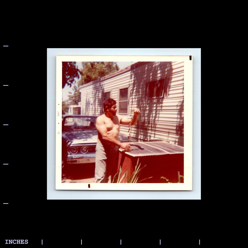 Square Color Photo SHIRTLESS MAN MOBILE HOME TRAILER CLASSIC CAR 1972