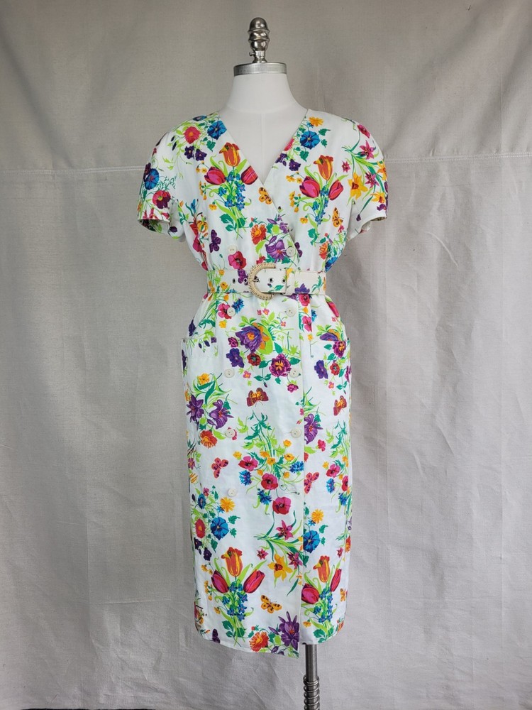 Vintage Gucci Floral Linen Belted Dress with Pockets Sz 4