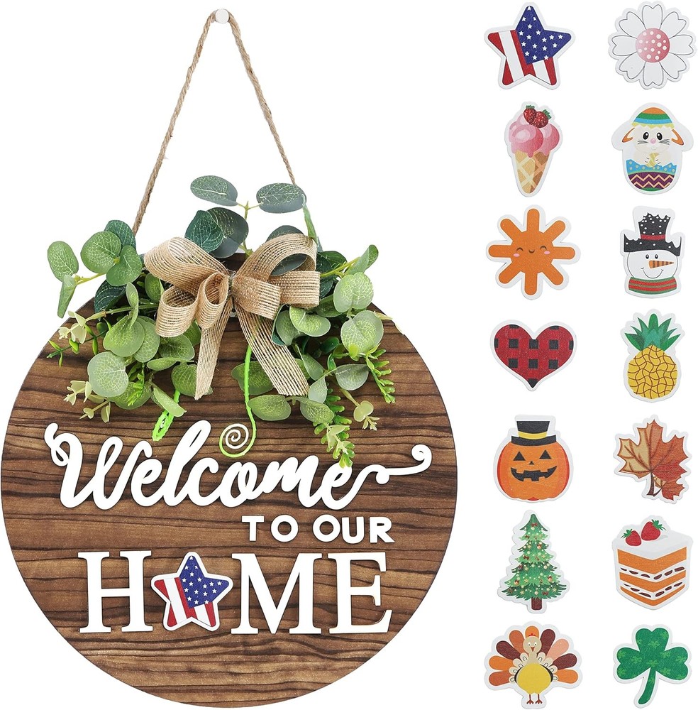 Rustic Round Wooden Seasonal Welcome Sign for Front Door Decor