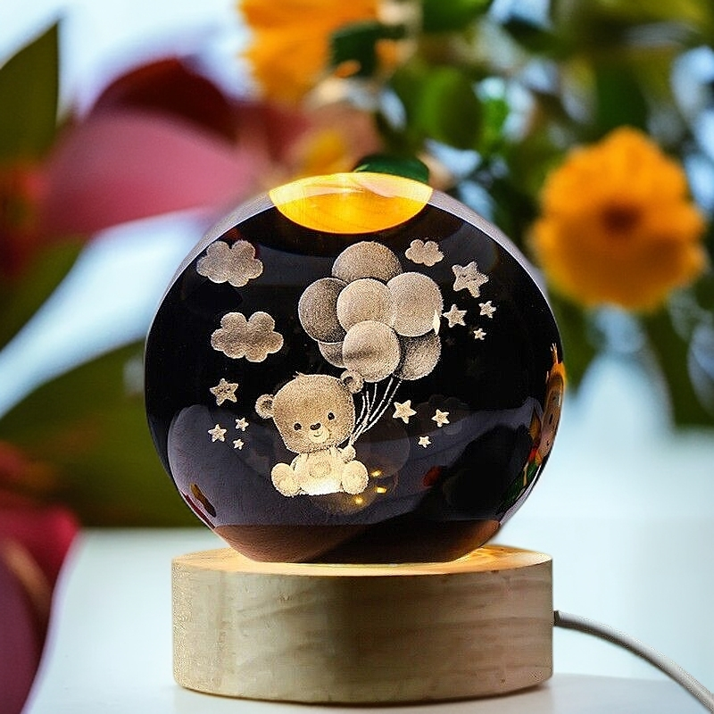 3D Carved Bear Crystal Ball Night Light with Wooden Base - Kids Gift Healing Decor
