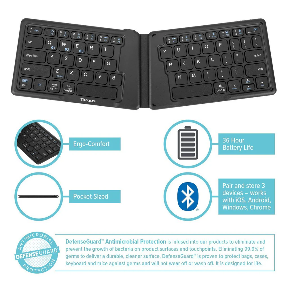 Targus Wireless Folding Keyboard Bluetooth Antimicrobial Protection