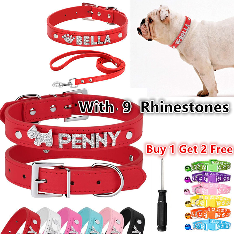 Custom Bling Leather Collar for Dogs Cats with DIY Name Letters-image