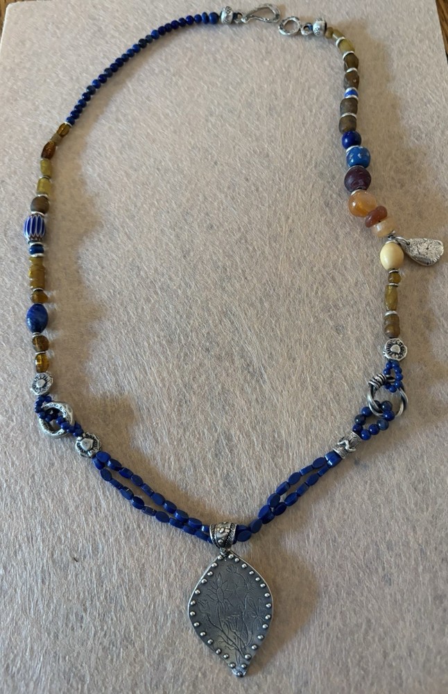 Jes Maharry Brown And Blue Beaded Necklace With Silver Charms And Silver Pendant